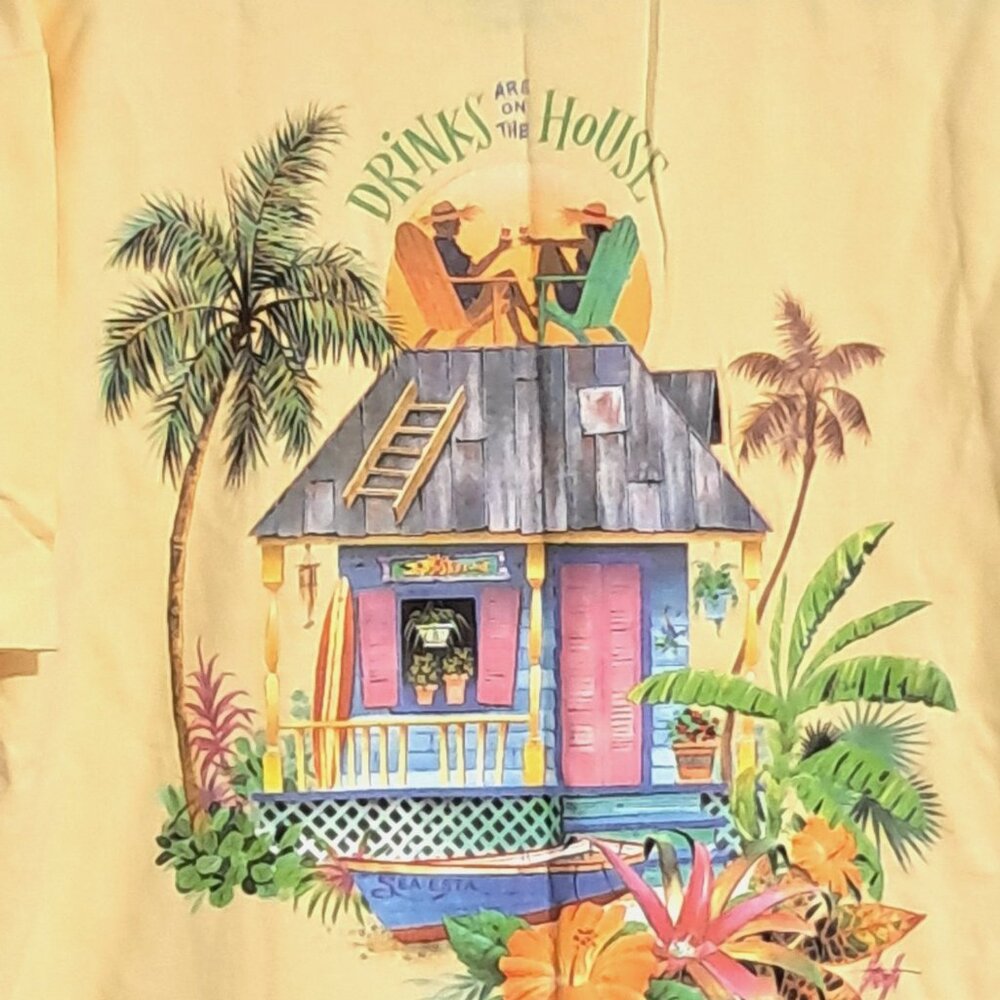Goin Coastal Yellow Drinks On The House Graphic T-Shirt‎ L Cotton Unisex 2006